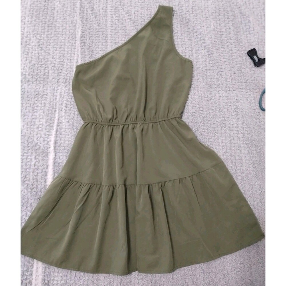 One Sleeve Ruffled Mini Dress Olive Green Boho Small Y2K Beachy
